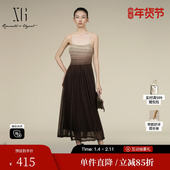 新款 雪歌XK304014A172渐变咖啡色连衣裙2025秋季 吊带A字长裙女