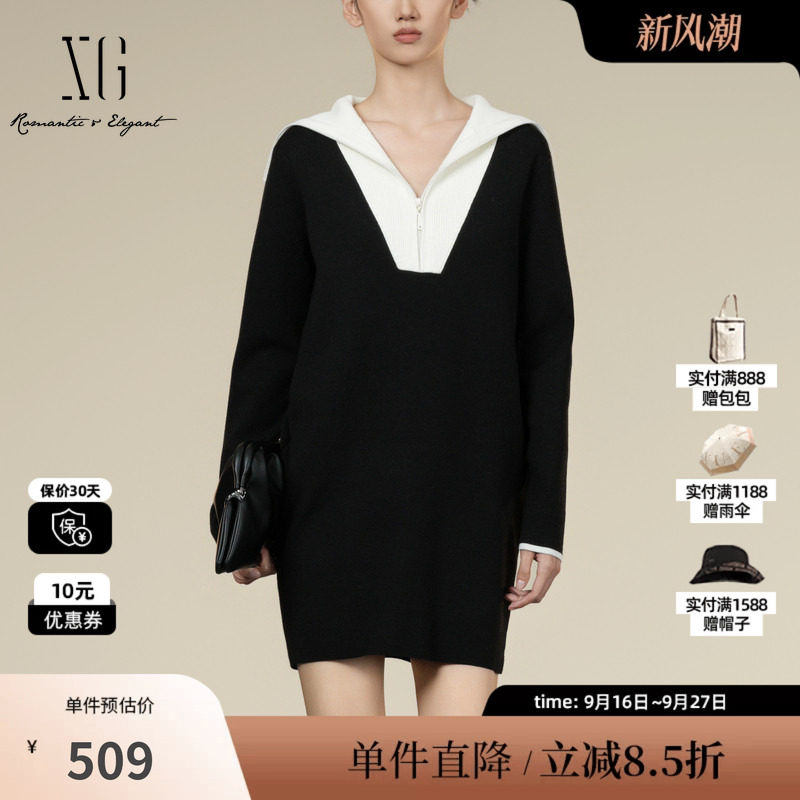 XG/雪歌XK411054B590 黑白假两件设计毛织连衣裙厚款长袖针织裙女