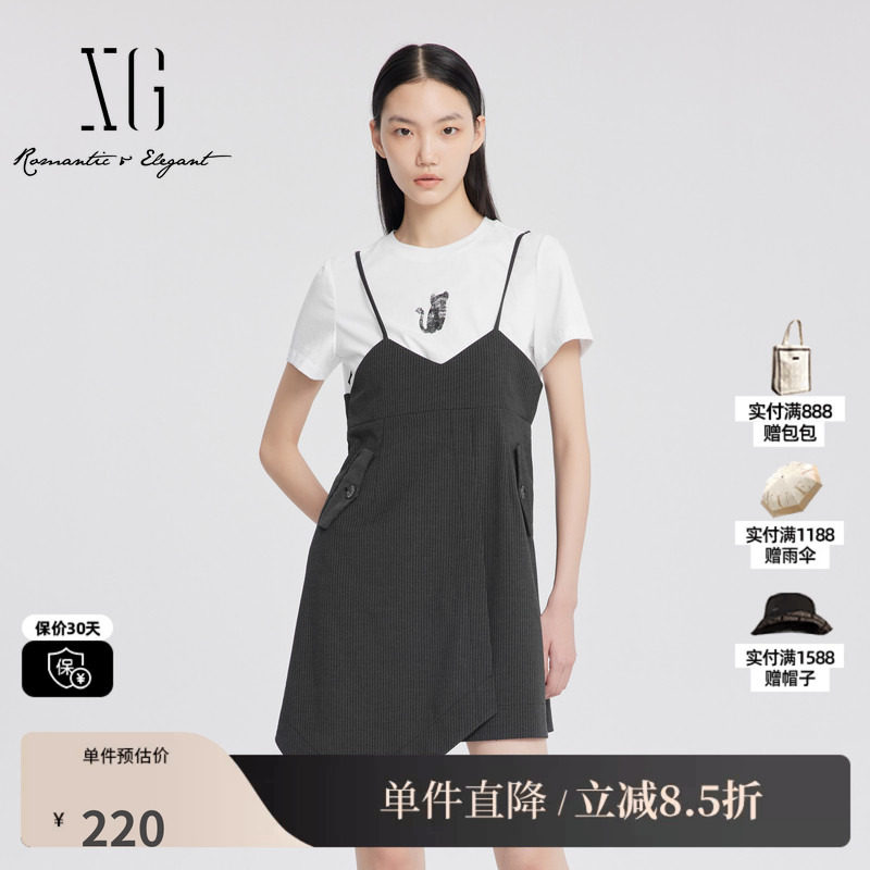 XG雪歌XJ204043B699不规则连衣裙时尚夏季新款假两件短袖中长裙女