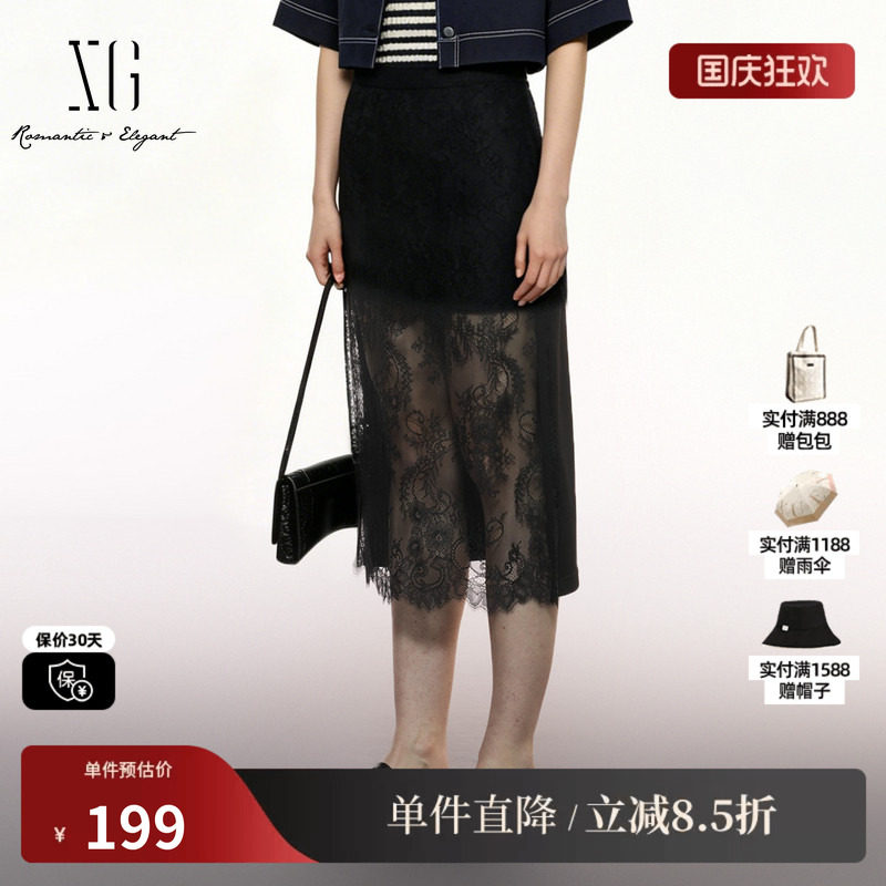 XG/雪歌 XK303705A890黑色直筒蕾丝拼接半身裙通勤包臀中长裙女装