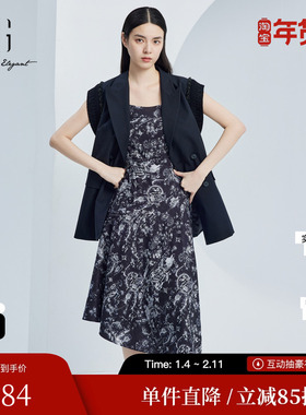 XG/雪歌XJ304007B297不规则连衣裙2025秋季新款碎花吊带中长裙女