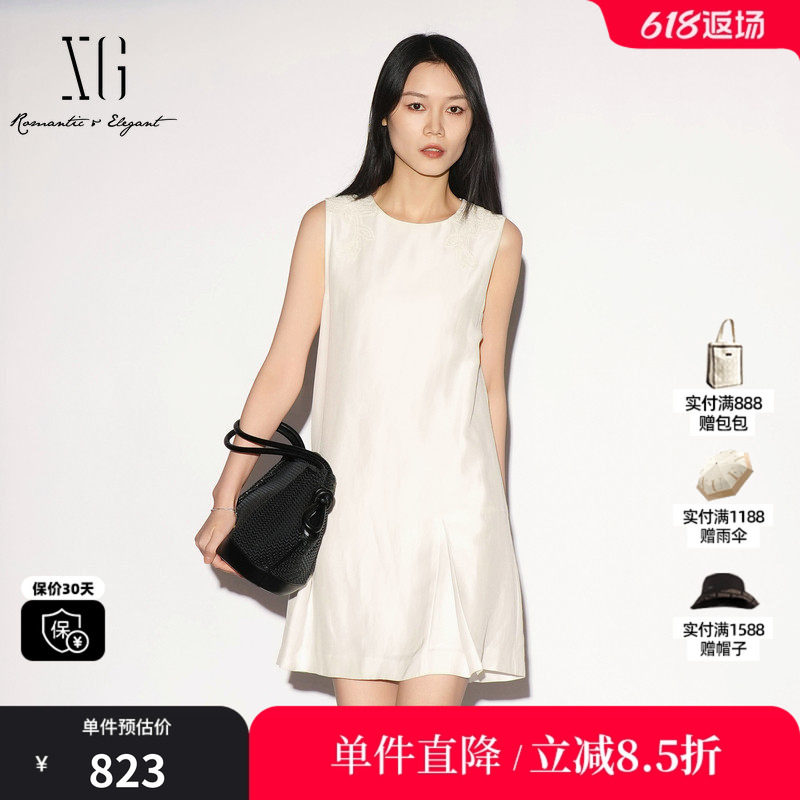 XG/雪歌XL204036A651白色醋纤无袖连衣裙圆领刺绣直筒A字中裙女装