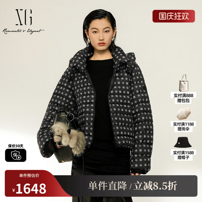XG/雪歌 XL406041B294黑色波点立领鹅绒羽绒服短款直筒保暖外套女