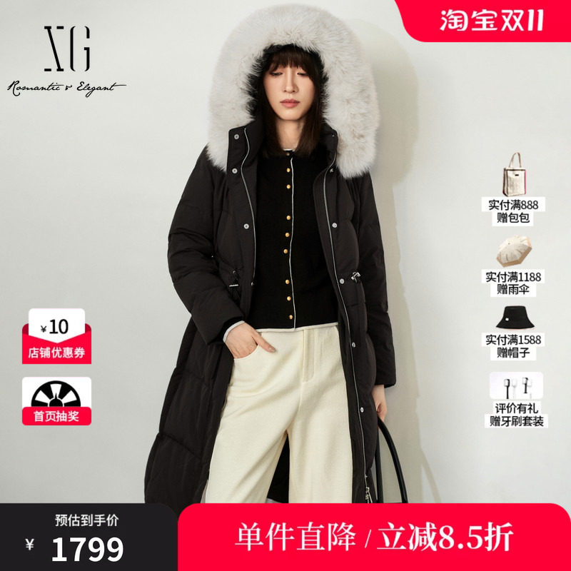 XG/雪歌 XL406049A990黑色连帽收腰毛领中长白鸭绒羽绒服外套女装