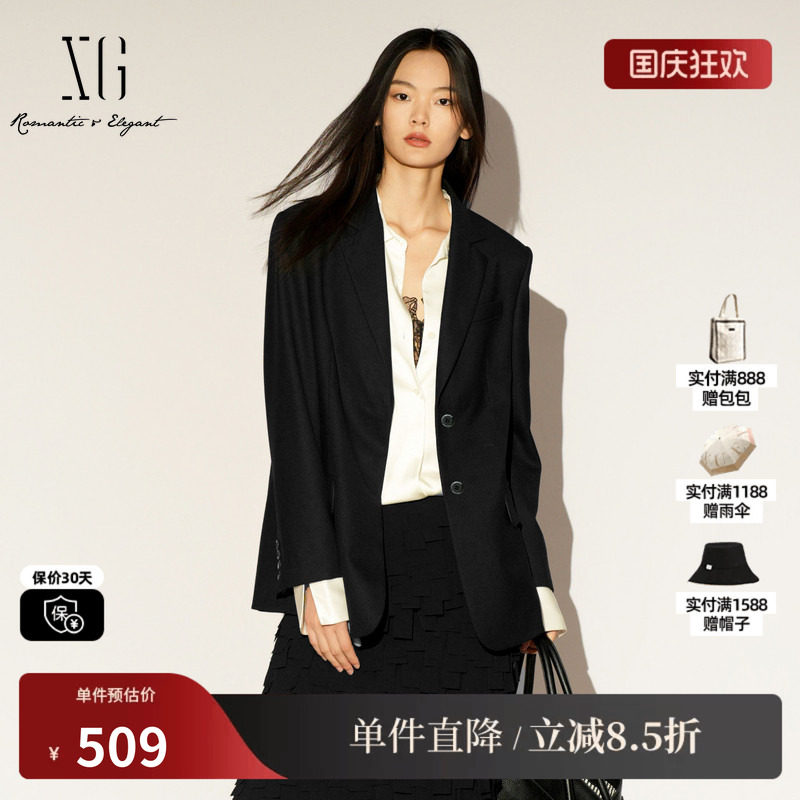 XG/雪歌XL107005A190 黑色通勤简约休闲西装翻领羊毛混纺外套女装