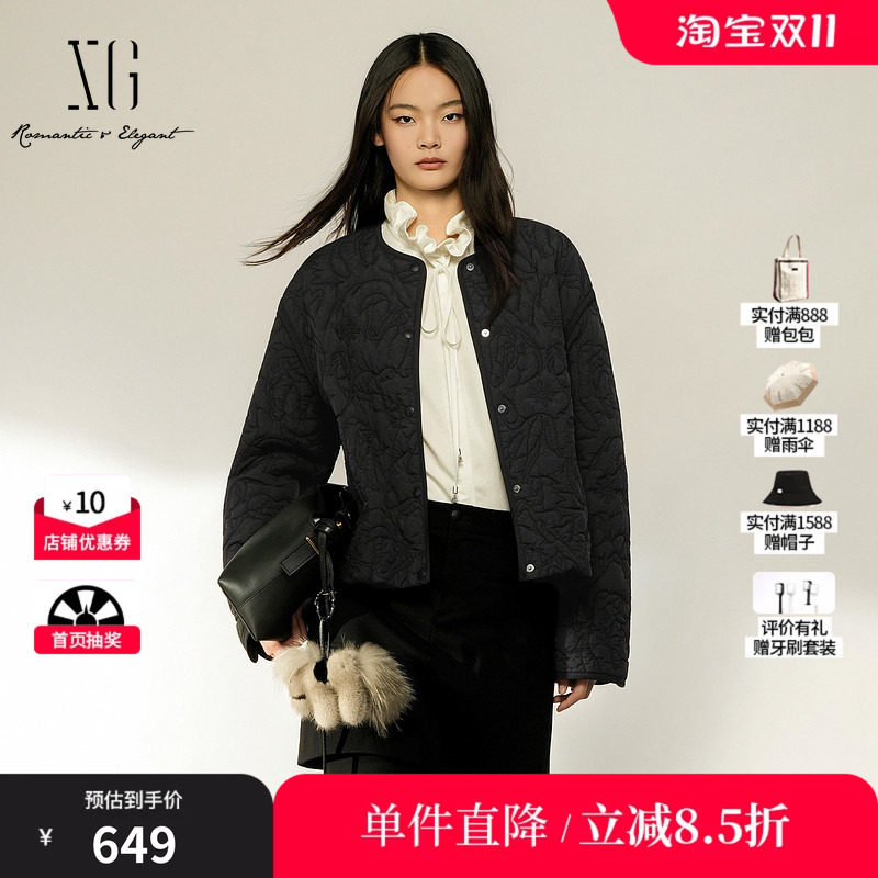 XG/雪歌 XL407005A190黑色圆领单排扣直筒棉衣外套保暖一手长女装