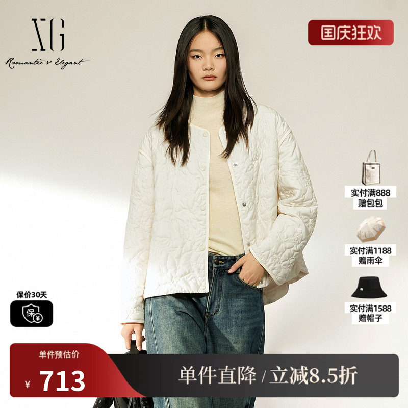XG/雪歌 XL407006A191白色圆领单排扣直筒棉衣外套保暖一手长女装