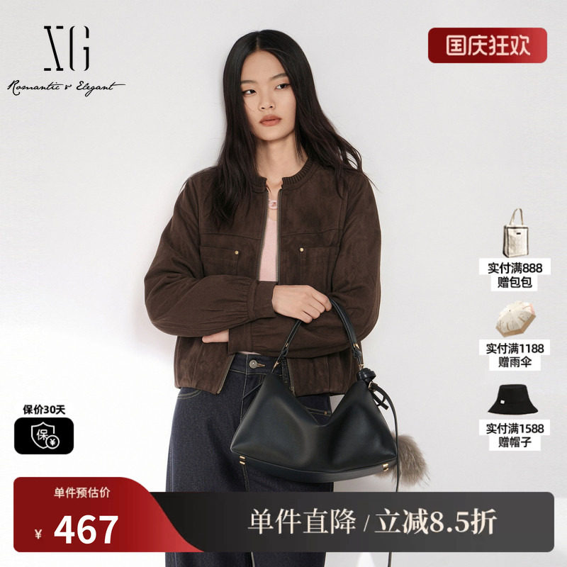 XG/雪歌 XM407508A809咖色麂皮圆领长袖外套短款宽松休闲夹克女装