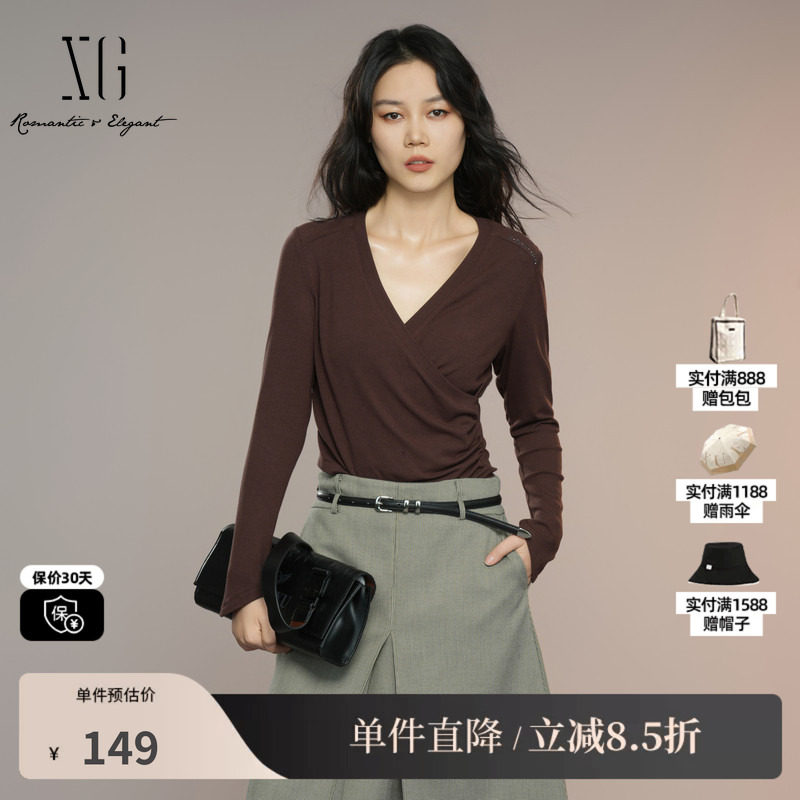 XG雪歌XK301007A572深咖色长袖T恤2025秋季新款V领设计薄款上衣女