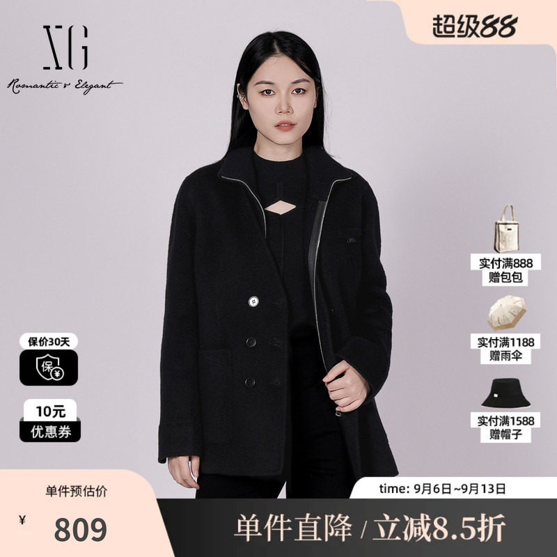 XG/雪歌 XK410051AE90黑色羊毛混纺无领毛呢外套毛衫两件套大衣女
