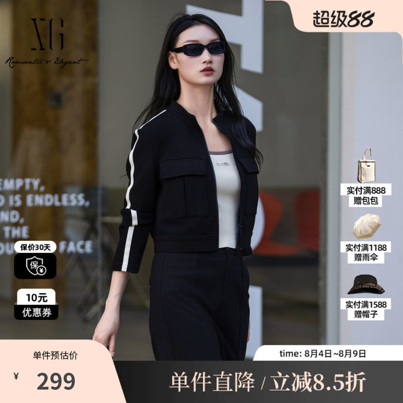 XG/雪歌XK307006A490 黑色立领长袖短外套修身显瘦休闲拉链上衣女