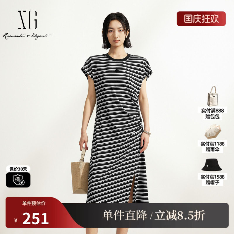 XG/雪歌XM204532B899黑白条纹短袖T恤连衣裙收腰不规则中长裙女装