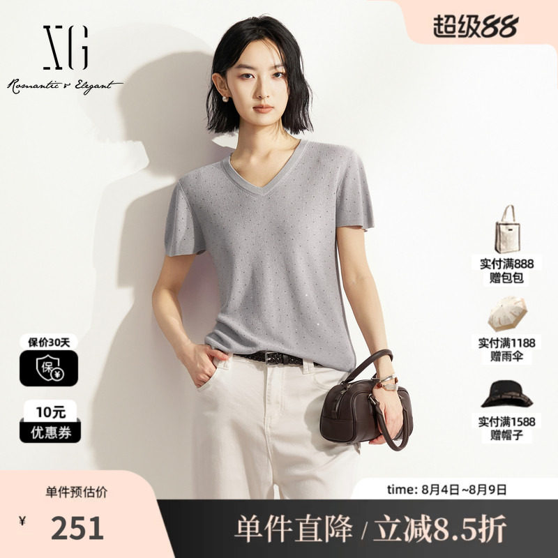 XG/雪歌XM211516A884灰色V领短袖针织衫薄款修身烫钻套头毛衫女装