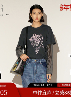 XG/雪歌XL101005A383棉感假两件T恤圆领拼接宽松直筒打底上衣女装