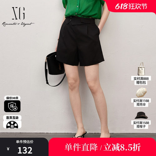 XG/雪歌XJ202054A690黑色通勤休闲裤时尚夏季新款透气直筒短裤女