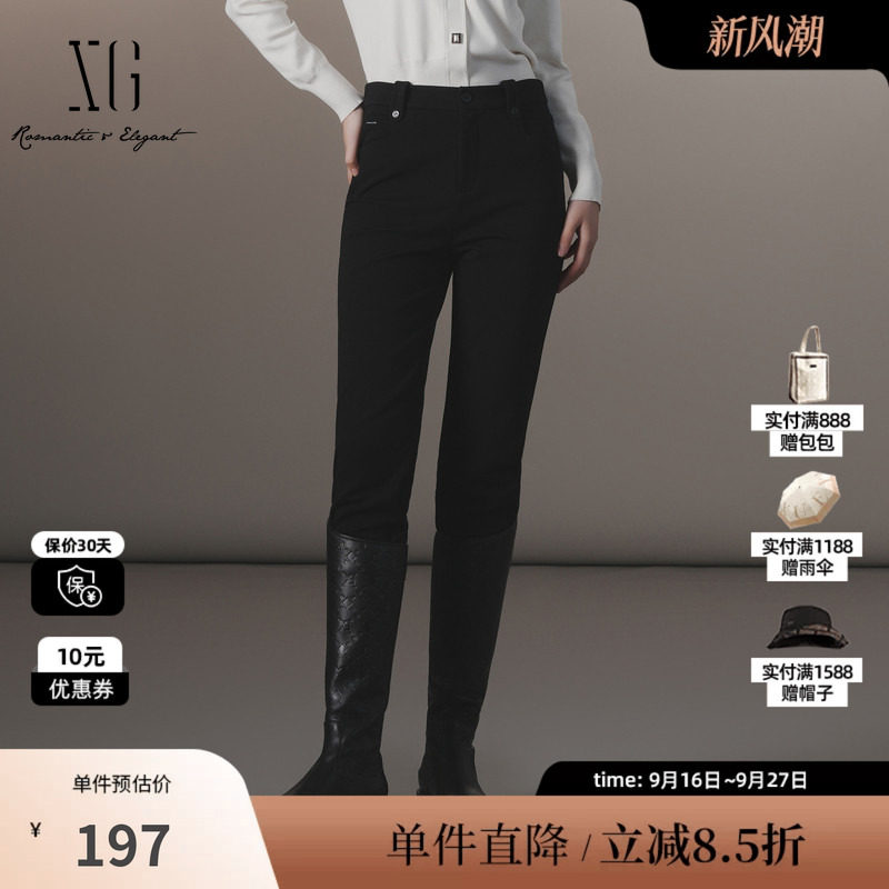 XG雪歌XJ402057A490黑色修身休闲裤时尚冬季新款高腰弹力铅笔裤女