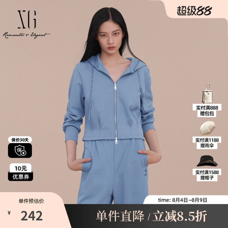 XG/雪歌XK107020A327 棉感连帽卫衣外套拉链休闲运动蓝色短外套女
