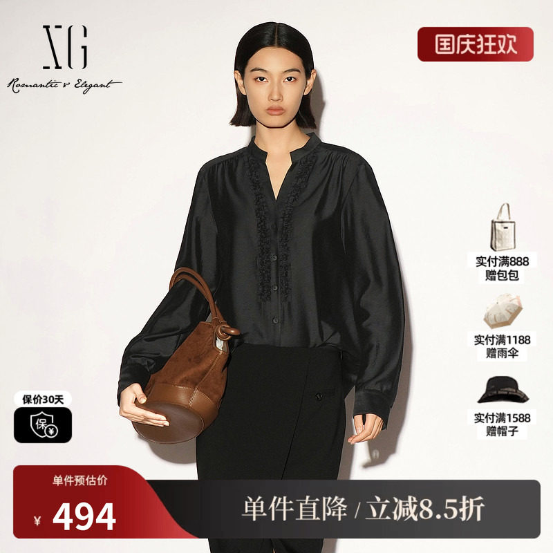 XG/雪歌XL321004A490黑色莫代尔V领立体捏褶长袖衬衫直筒休闲女装