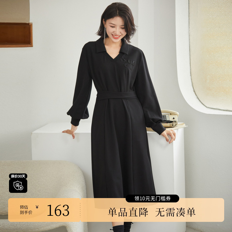 XG/雪歌XJ304617A890黑色长袖连衣裙时尚秋季新款高腰中长A字裙女