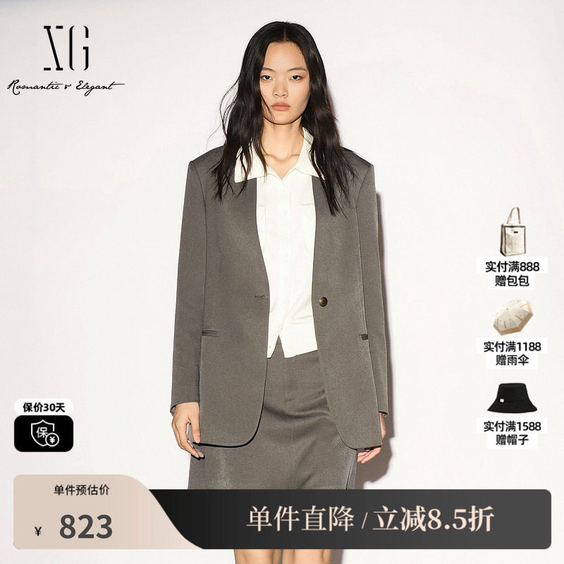 XG/雪歌XL307009A443咖绿色V领长袖西装外套通勤简约高级上衣女装