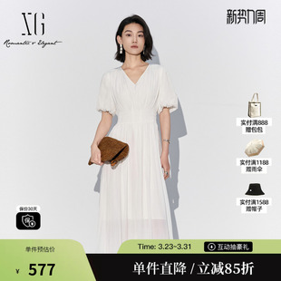 雪歌XK204034A551白色中长款 A字裙女装 连衣裙2025夏季 短袖 新款