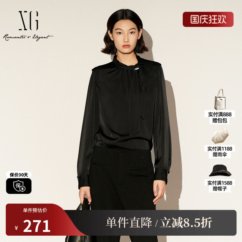 XG/雪歌XL121007A190黑色立领长袖衬衫2026春季新款飘带上衣女装