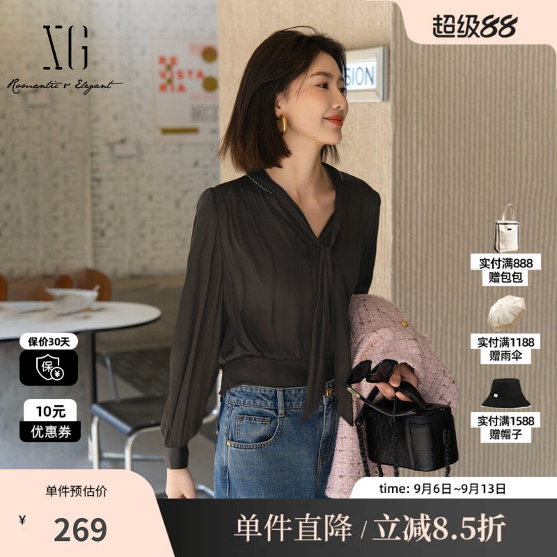 XG雪歌XK321026A390黑色系带长袖衬衫2025秋季新款通勤套头上衣女