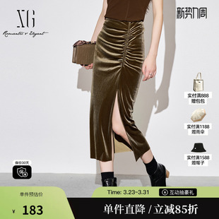 新款 秋季 高腰开叉包臀裙女 雪歌XJ303024A672深咖色半身裙时尚