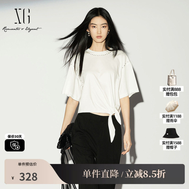 XG/雪歌XL201018A251白色棉感短袖T恤薄款圆领绑带钉珠短上衣女装