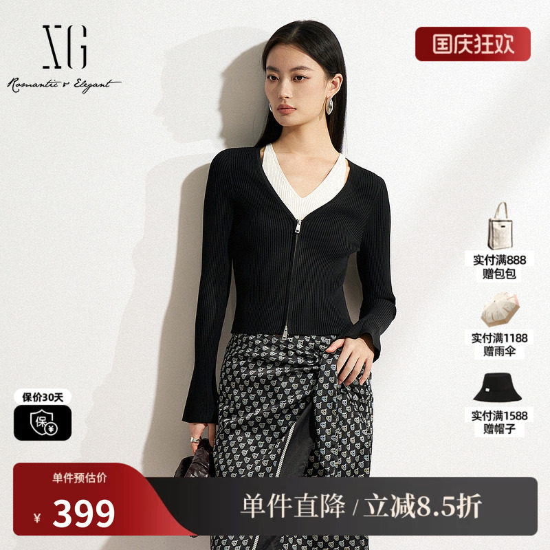 XG/雪歌XK111502A890 黑白色假两件针织衫修身显瘦套头长袖毛衣女