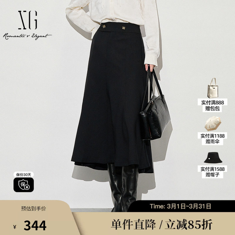 XG/雪歌XJ303020A590中长款黑色半身裙时尚秋季新款高腰A字裙女装