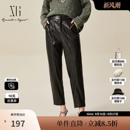 XG/雪歌XJ402049A190黑色街头风休闲裤时尚冬季新款皮质直筒裤女