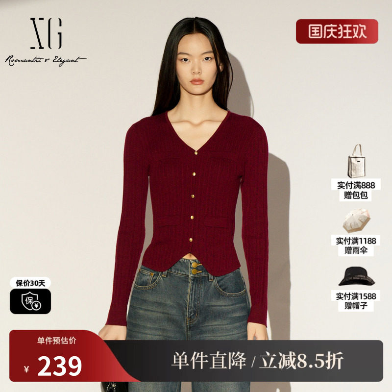 XG/雪歌XK411002A415 酒红色修身长袖毛针织衫通勤显白打底毛衫女
