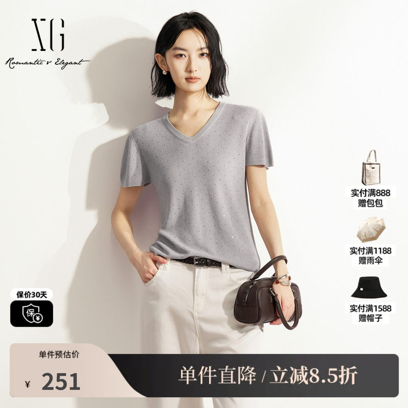 XG/雪歌XM211516A884灰色V领短袖针织衫薄款修身烫钻套头毛衫女装