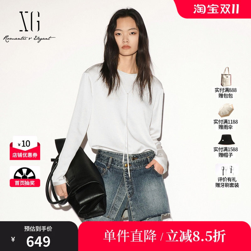 XG/雪歌 XL321009A291米白色系带圆领长袖套头衬衫宽松直筒简约女