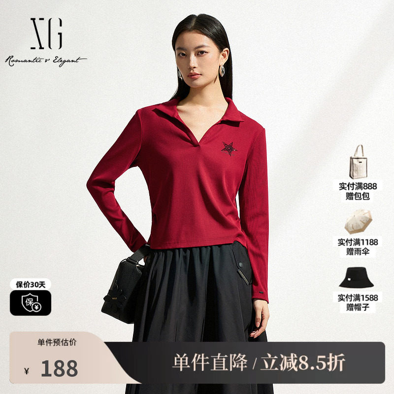 XG雪歌XK101017A113红色长袖T恤2025春季新款V领淑女风套头上衣女