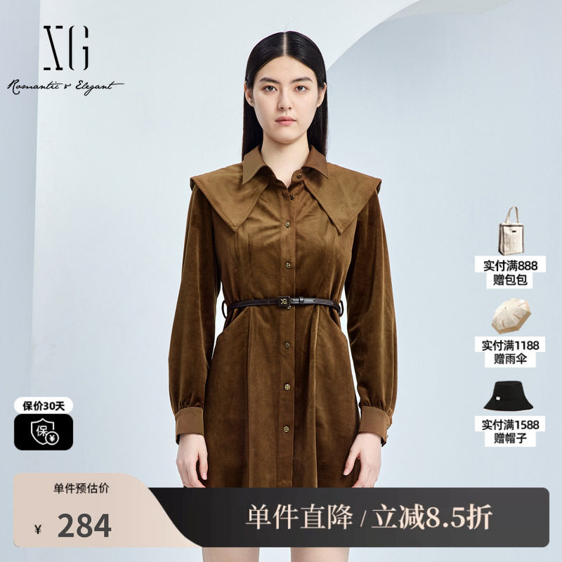XG/雪歌XJ304002A572翻领长袖连衣裙时尚秋季新款深咖色A字短裙女