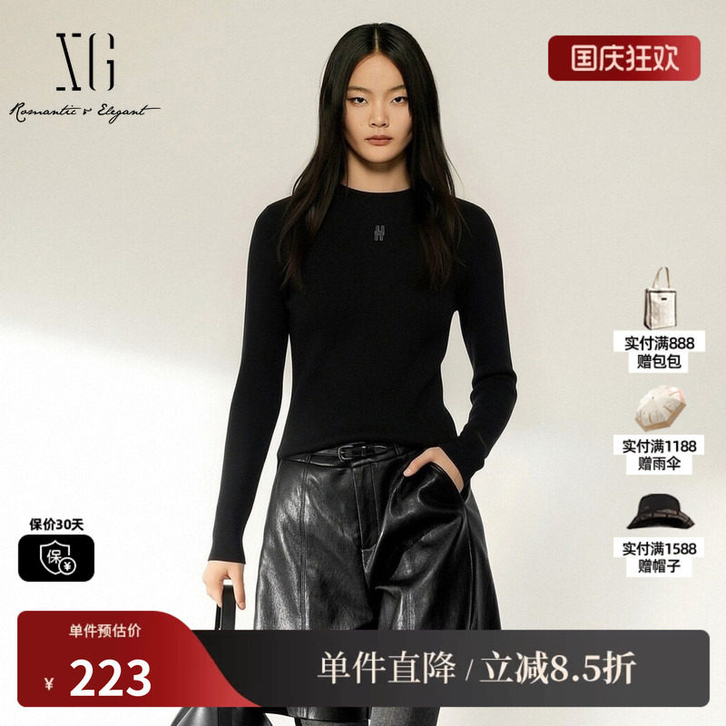 XG/雪歌 XK411773A890黑色羊毛混纺刺绣圆领针织衫修身打底毛衣女