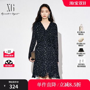 XG/雪歌XK304017B493碎花高腰长袖连衣裙2025秋季新款收腰A字裙女