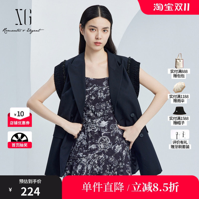 XG雪歌XJ324003A290黑色通勤马夹2025秋季新款长款西装马甲外套女