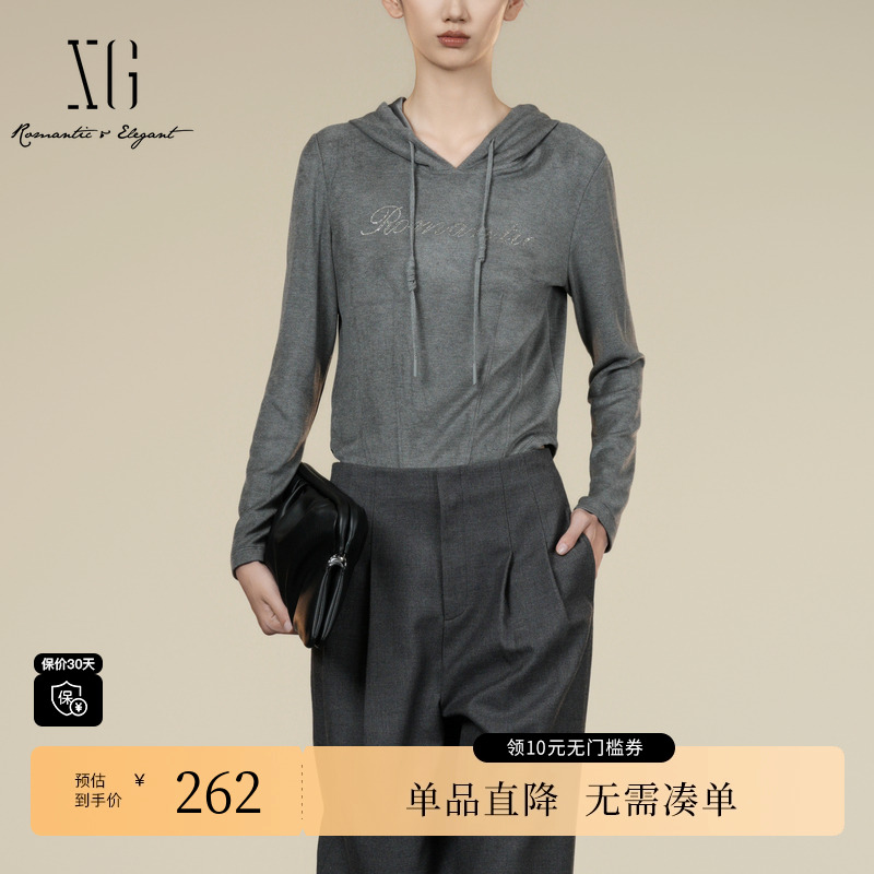 XG/雪歌XK401016A281连帽长袖T恤2025冬季新款银灰色修身上衣女装