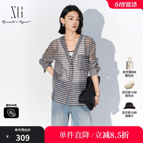 XG雪歌XL221569B805条格薄款长袖衬衫2025夏季新款通勤微透上衣女