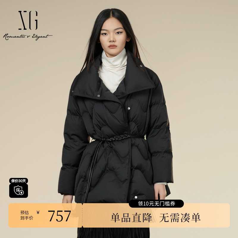 XG/雪歌XK406028A790黑色白鸭绒羽绒服2025冬季新款中长款外套女
