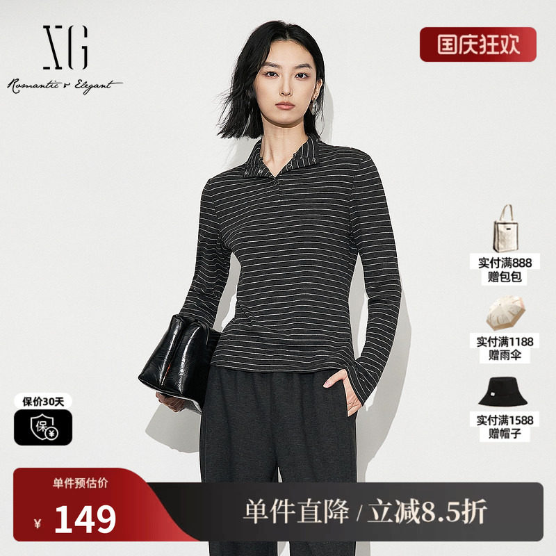 XG/雪歌XL401621B899黑灰条纹T恤2025冬季新款修身长袖打底上衣女