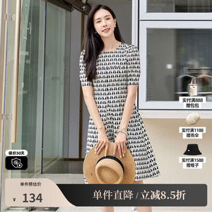 XG/雪歌XJ204575B806印花短袖连衣裙时尚夏季新款高腰纯棉A字裙女