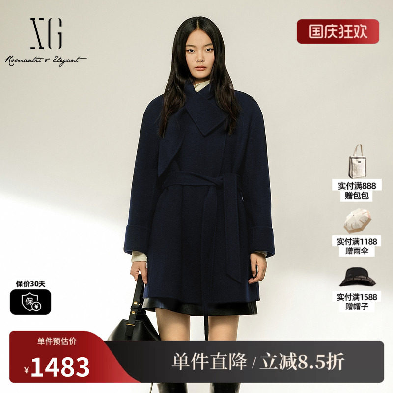 XG/雪歌 XL410030A328藏青色100%绵羊毛翻领腰带毛呢外套大衣女装