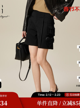 XG雪歌XJ102003A390黑色通勤休闲裤时尚春季新款绵羊毛直筒短裤女