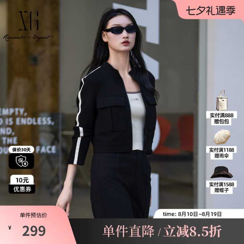 XG/雪歌XK307006A490 黑色立领长袖短外套修身显瘦休闲拉链上衣女