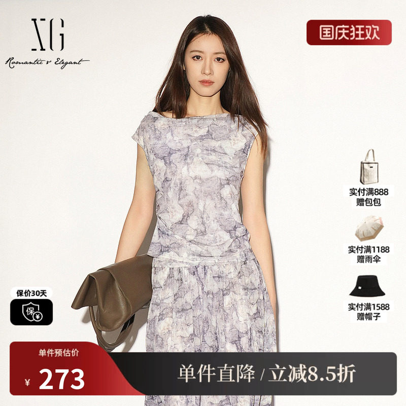 XG/雪歌XL201034BE96花版荡领无袖T恤印花修身不规则薄款上衣女装