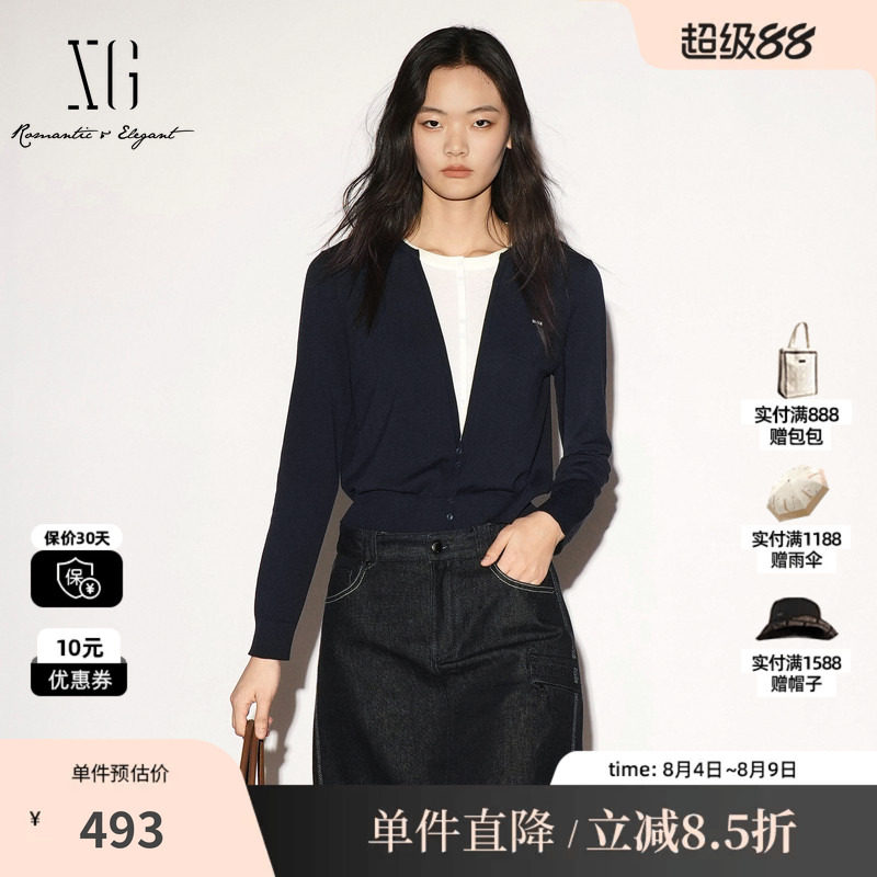XG/雪歌 XL311005B228藏青白色假两件醋纤棉混纺长袖针织衫通勤女